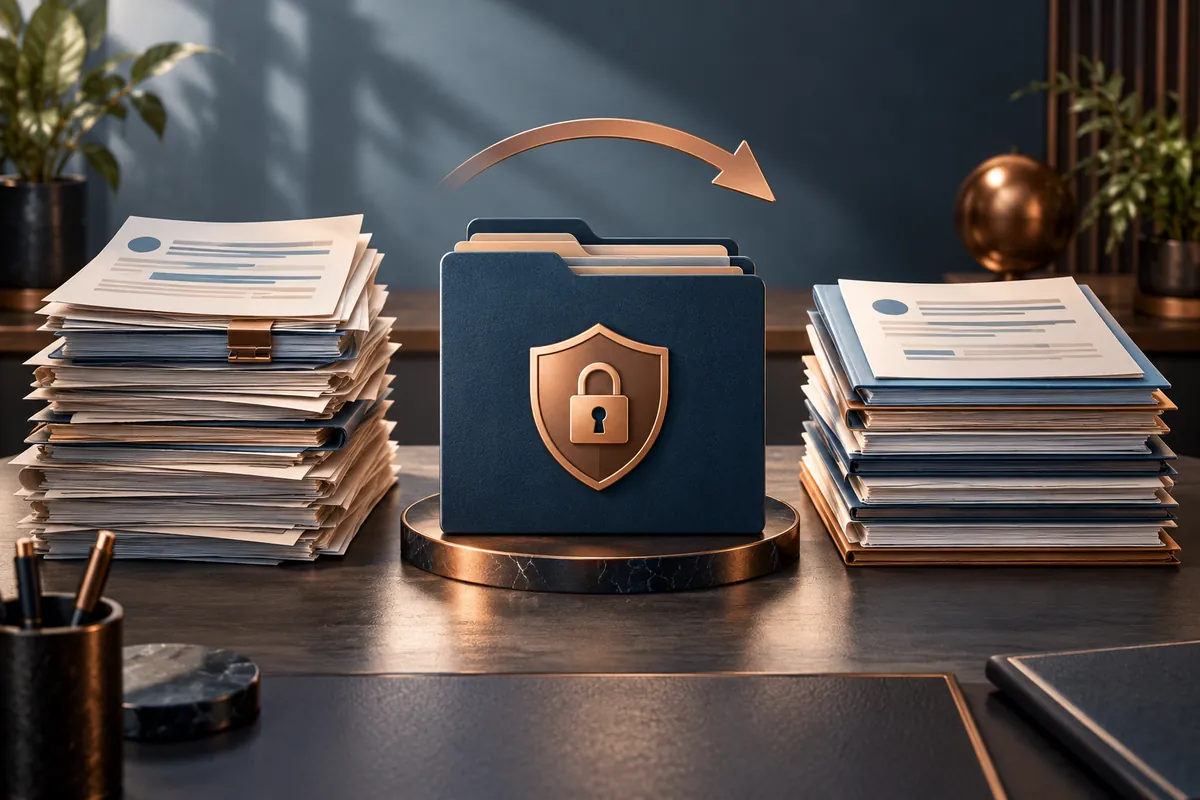 Illustration: account records moving into a locked folder during a platform migration