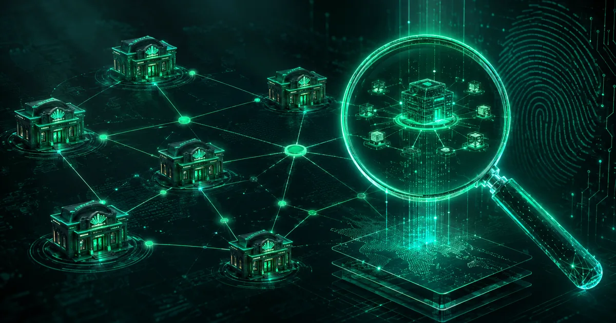 A green network graph of linked nodes under a magnifier, tracing a casino's operator